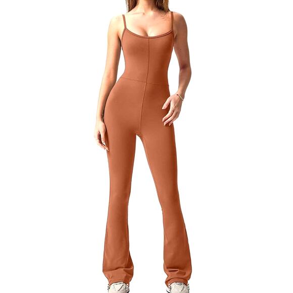 NEW QINSEN Flare Bodycon Jumpsuit Cognac Spaghetti Strap Scoop Neck size 12/L - Picture 1 of 6